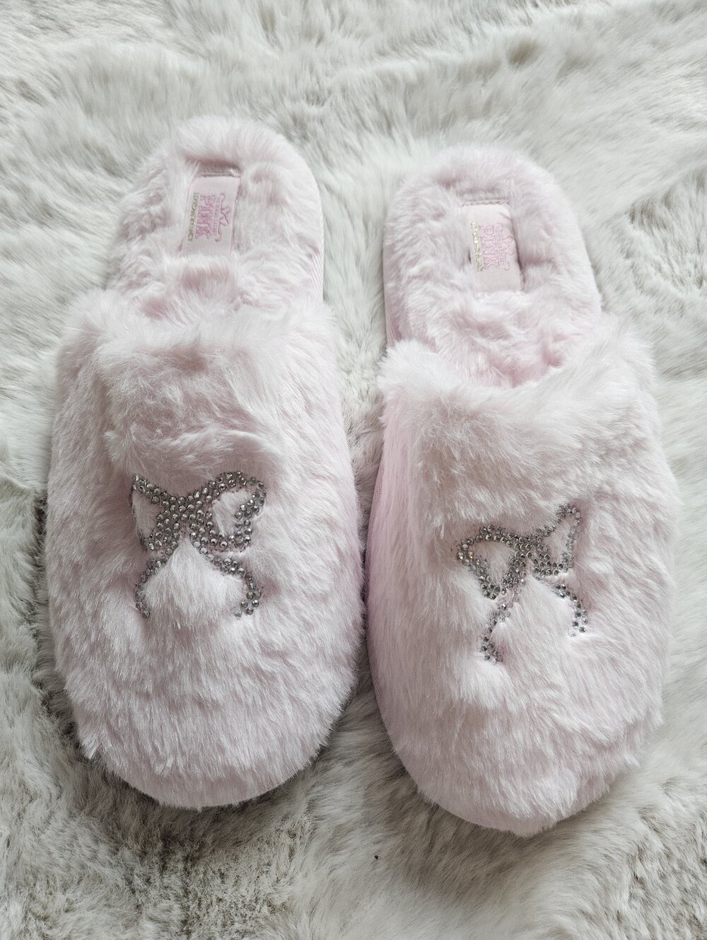 LoveShackFancy Light Pink Faux-Fur Slippers with Crystal Bow